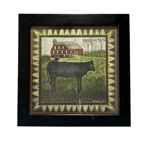 Cindy Shamp Animal Farm Barn and Cow Framed Rustic Print 2001 - Picture 1 of 6